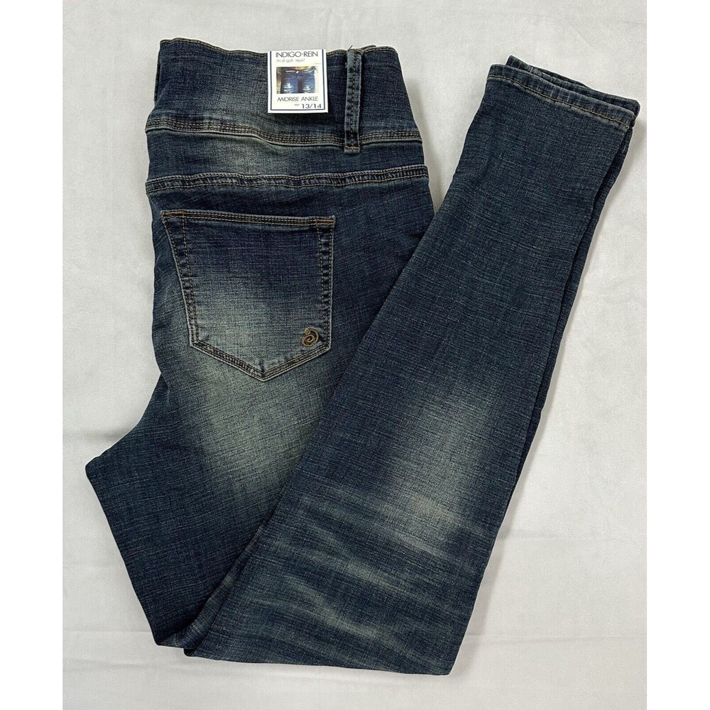 Indigo Rein Jeans 13/14 Midrise Skinny Ankle Dark Wash Distressed